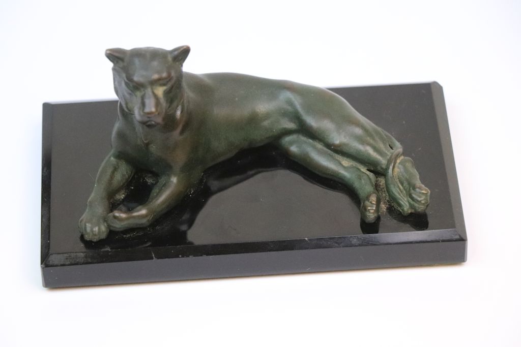 Patinated Bronze model of a Lioness on Deco style black base, approx 14 x 7.5 x 7cm at the widest - Image 2 of 8