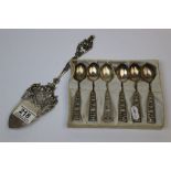 White metal set of six Oriental Teaspoons, the handles marked "Penang" plus a Hallmarked Silver