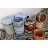 Two Dustbins plus Ceramic and Terracotta Garden Pots, Chimney Pot, etc (19 items total)