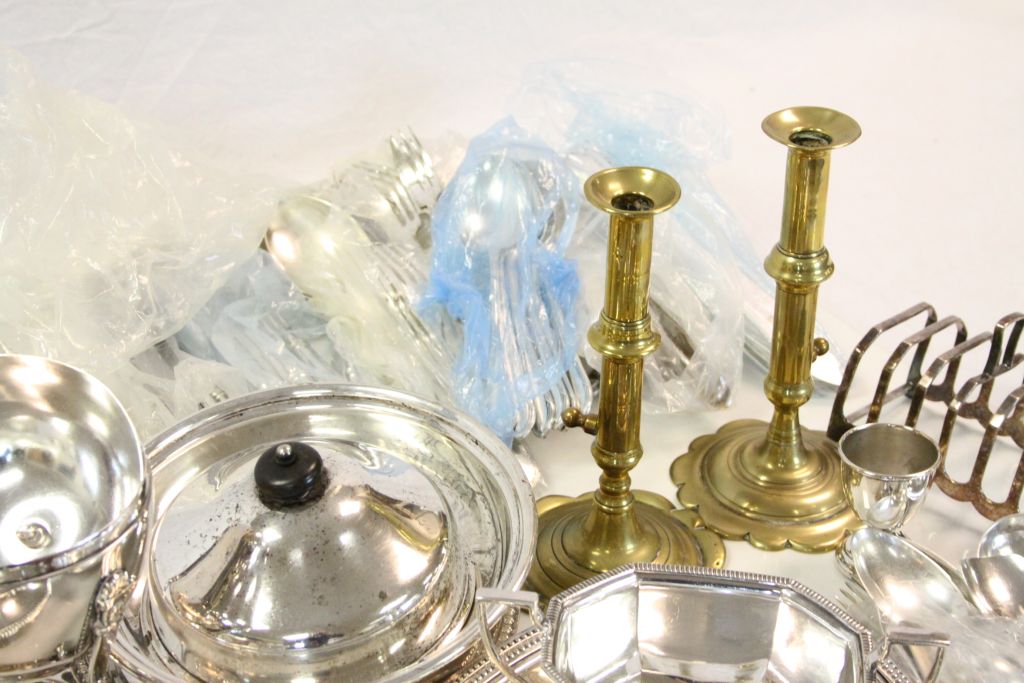 Collection of vintage Silver plate etc to include Tea set, Cutlery & a pair of Brass candlesticks - Image 4 of 6