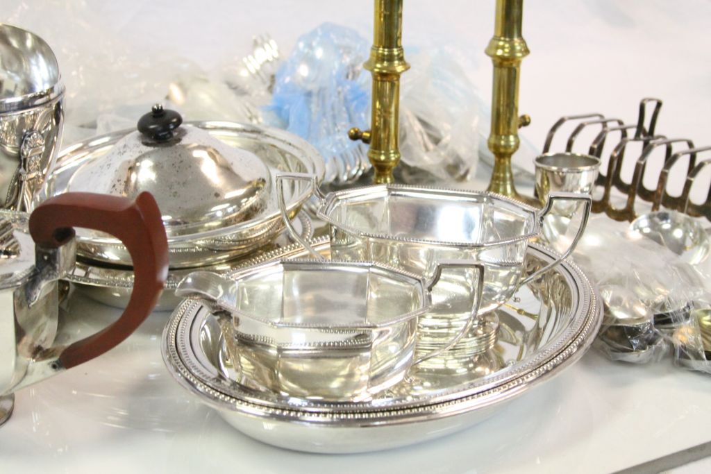 Collection of vintage Silver plate etc to include Tea set, Cutlery & a pair of Brass candlesticks - Image 3 of 6