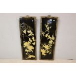 Two Oriental Lacquered Hanging Panels with Mother of Pearl Effect Decoration of Birds, 92cms x