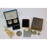 Small collection of mixed Coins etc to include an Oriental figure, boxed pair of Silver Proof £2