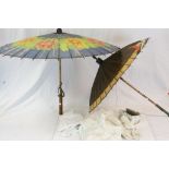 Two vintage Parasols, childs shoes, & fabrics