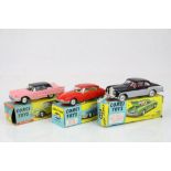 Three boxed Corgi diecast models to include 210S Citroen DS 19 in red, 214M Ford Thunderbird in pink
