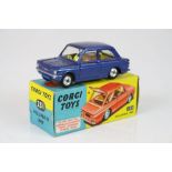 Boxed Corgi 251 Hillman Imp diecast model in blue with yellow interior, complete with suitcase,