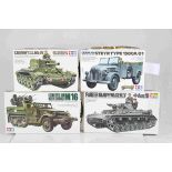 Four Tamiya 1:35 Scale model military vehicles to include No.225 German Steyr Type 1500A/01, No.