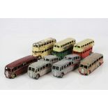 Seven Dinky diecast model buses to include Luxury Coach x 2, Observation Coach x 2, play worn