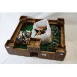 Vintage wooden fort with a collection of metal and plastic figures to include Herald, Britains etc