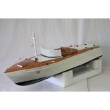 Scratch built wooden model boat with motor, painted white, approx. 37" in length