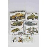 Eight Tamiya 1:35 Scale military model kits to include No.147 German MtI.SPW.Sd.Kfz.251/9 Ausf.D (