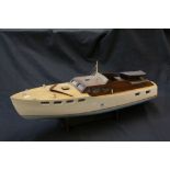 Scratch built wooden model speedboat, painted, suitable for r/c fittings, on stand, vg