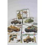 Eight Tamiya 1:35 Scale military model kits to include No.203 German Tank Destroyer Jagdpanther Sd.