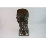 Large metal Terminator Arnold Schwarzenegger head on stand, very heavy, 19" in approx height