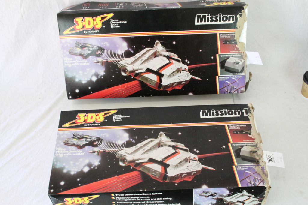 Two boxed Hornby 3DS Three Dimensional Space System Mission 1, damage to end of both boxes, both