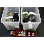 Large collection of Scalextric to include 8 x slot cars, track and trackside accessories