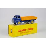 Boxed Dinky 408 Big Bedford Lorry with blue cab & chassis, yellow truck and yellow hubs, paint wear,