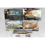 Five 1:35 Scale military vehicle model kits to include German King Tiger Tank by Tamiya, SpaePz 2