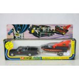 Boxed Corgi 3 Batmobile and Batboat in excellent condition with both Batman and Robin figures, box