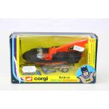 Boxed Corgi 107 Batman Batboat complete with figure in vg condition, box gd with part of front box