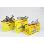 Three boxed Dinky military diecast model planes to include 735 Gloster Javelin Fighter, 738 DH 110