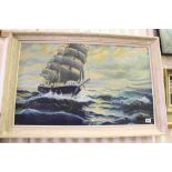 Large oil on canvas of a tall sailing ship with liner to background