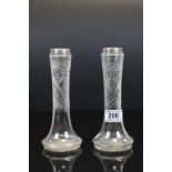 Pair of glass Tulip vases with silver collars