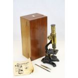 Mahogany cased vintage Brass & painted metal Microscope by Meccano, with instruction manual,