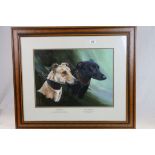 Vic Grainger a large framed watercolour painting of two greyhound dogs ,Burnt Oak Champ and Viking