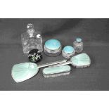 Dressing table set, glass decanter and Caithness paperweight.