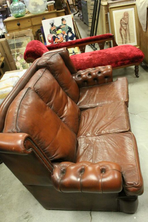 A brown leather three seater chesterfield style sofa. - Image 4 of 4