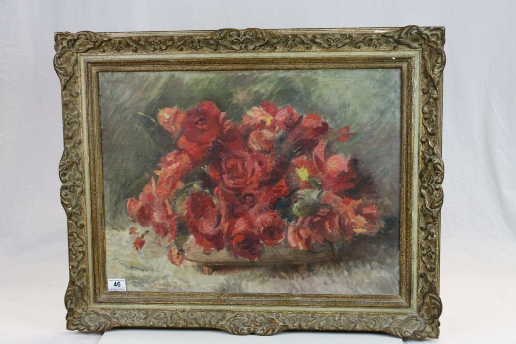 Indistincly signed oil on canvas still life painting flowers in a planter dimensions 46 x 61 cm