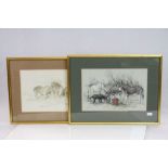 Nora Howarth pastel of donkeys and dog and a sketch of two ponies .