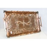 Twin handled Arts & crafts Copper tray with stylized Prawn decoration to the centre surrounded