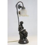 A Cast metal bronzed lamp base with glass shade.