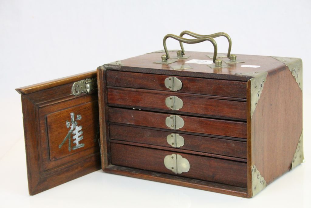 Oriental Hardwood & Brass chest of Drawers with Mah Jong set in Bone & Bamboo, box approx 23 x 15 - Image 3 of 10