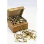Oak cigarette box containing a collection of vintage Watches, Costume Jewellery etc, much of it