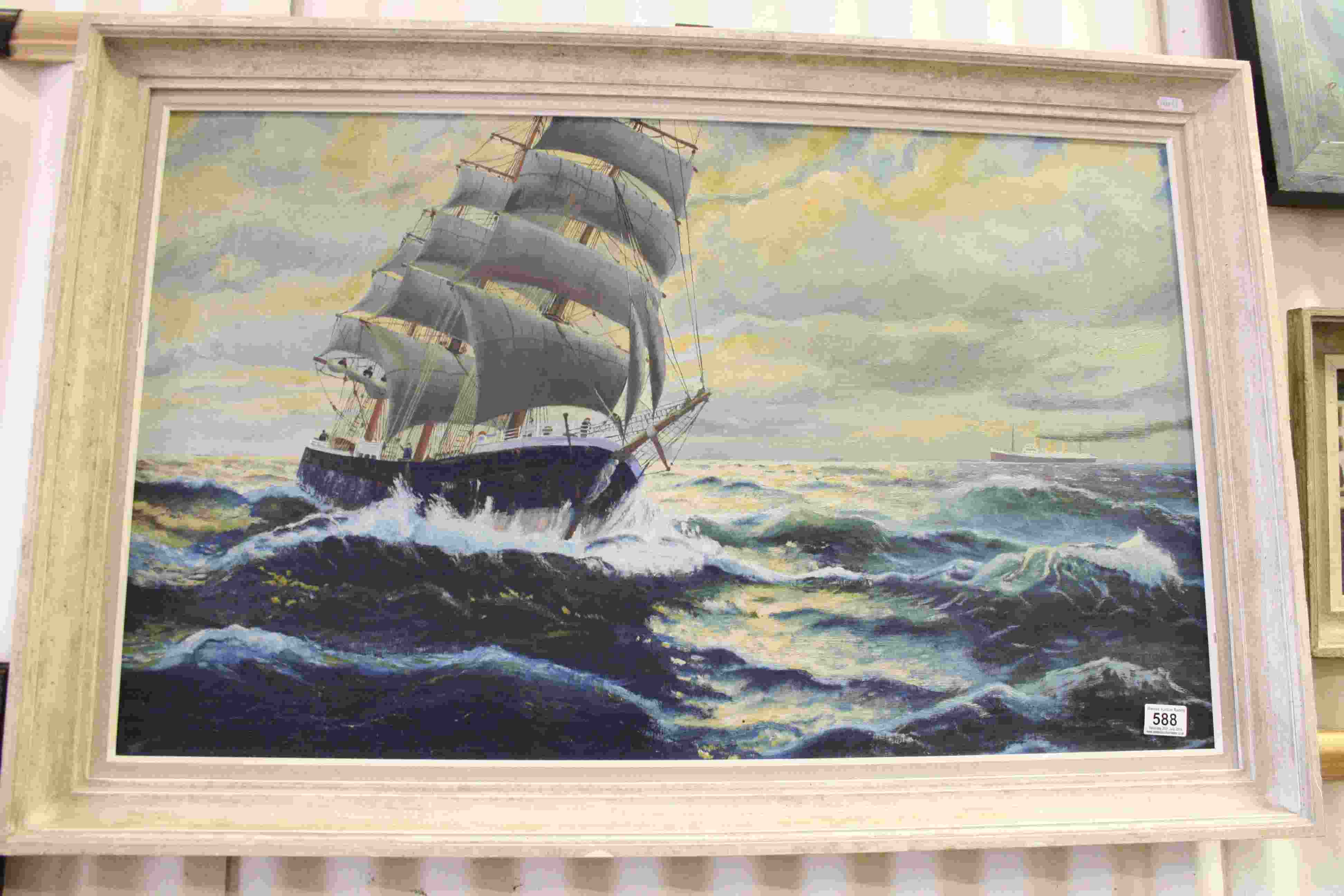 Large oil on canvas of a tall sailing ship with liner to background - Image 2 of 6