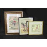 Three framed Japanese woodblock portraits of Geishas one after Harunobu