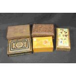 Five wooden boxes including inlaid hand painted Middle Eastern carves hardwood etc