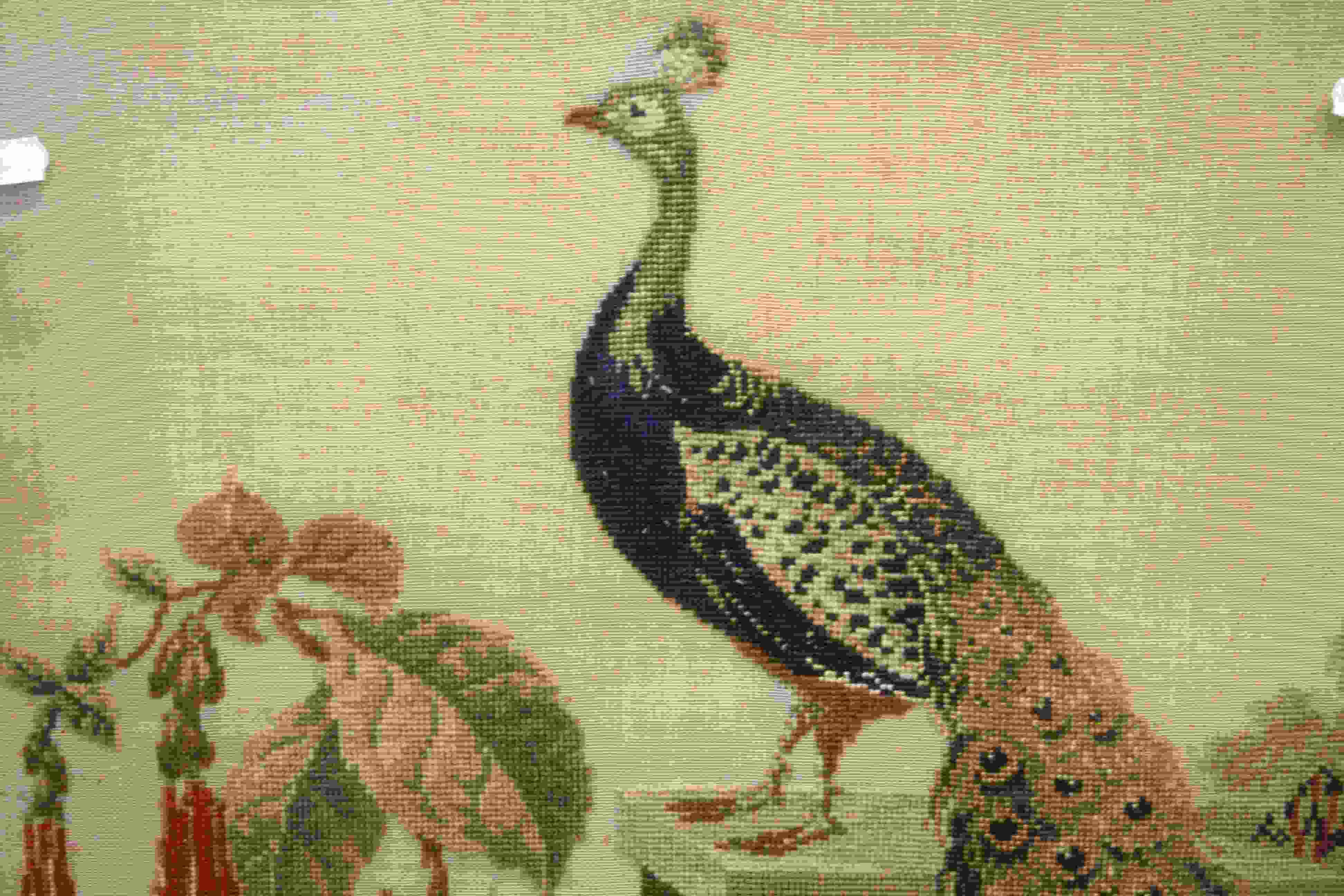 Framed and glazed tapestry of a peacock within floral scene approx. 77cm x 68cm - Image 3 of 5