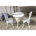 Pair of aluminium garden chairs with wooden topped table