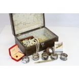A box of jewellery and mixed collectables to include hallmarked silver napkin rings, silver pocket