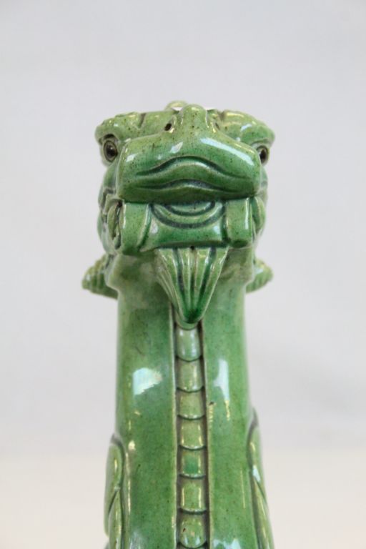 19th Century green glazed stoneware Roof Tile with seated Foe Dog finial, measures approximately - Image 5 of 7