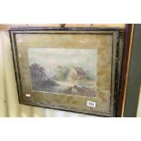 Antique watercolour rural scene with figures by a river