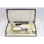 Boxed Art Deco Hallmarked Silver & Gilloche Enamel three piece Brush & Hand Mirror set in Opalescent