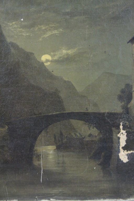 W Bush, Oil on Canvas Continental River Scene at night with bridge. - Image 6 of 6