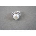 Silver Dress Ring set with CZ and Large Freshwater Pearl