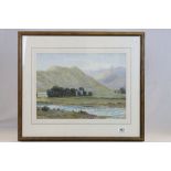 J.Suker watercolour scene landscape with cottage, sheep and figure on bridge