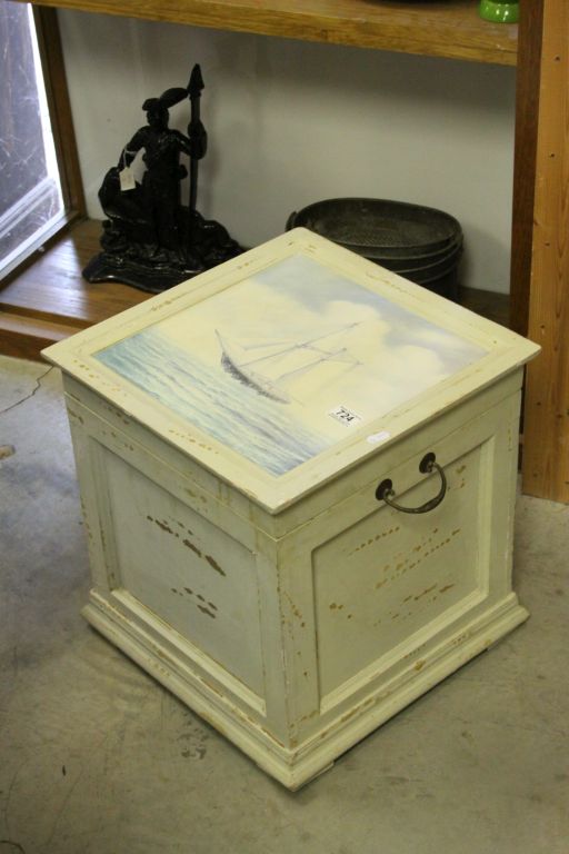 Square Painted Storage Box with Sailing Yacht design to top, 42cms wide x 44cms high